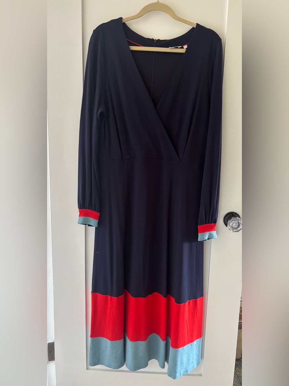 Boden Navy and Red Long Sleeve Faux Wrap Jersey Dress—Sz 14